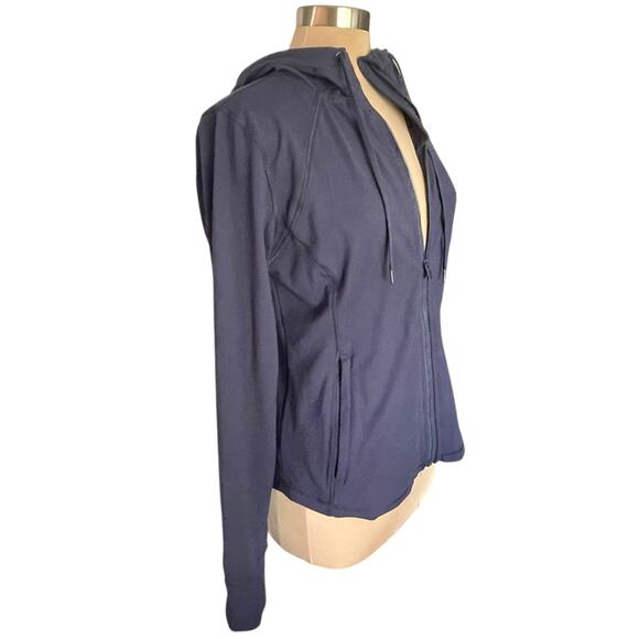 Yogalicious Lux Navy Blue Zip Front Hooded Jacket Size L Zip Pockets Thumb Holes - Picture 3 of 8